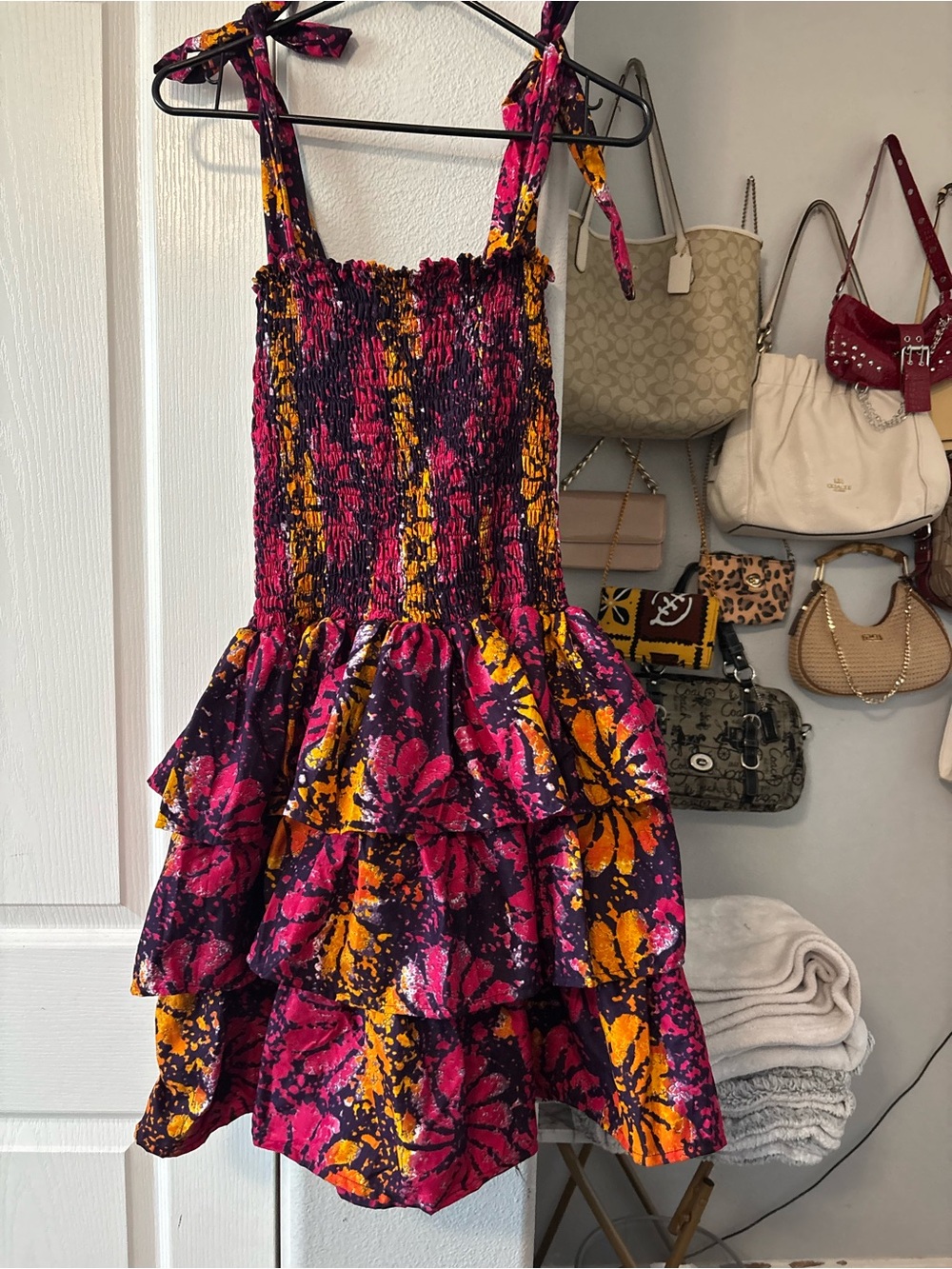 Women’s Shoulder Ruffled Floral Dress in Fuchsia & Yellow